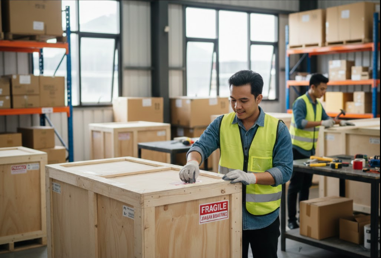 orang sedang mempacking barang dengan kayu jakarta surabaya